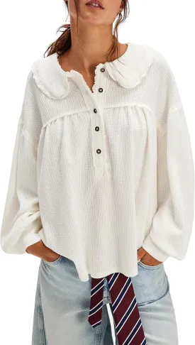 Women's Waffle Knit Tops Collared Solid Color Pullover Long Sleeve V Neck Solid Color Loose Tunic