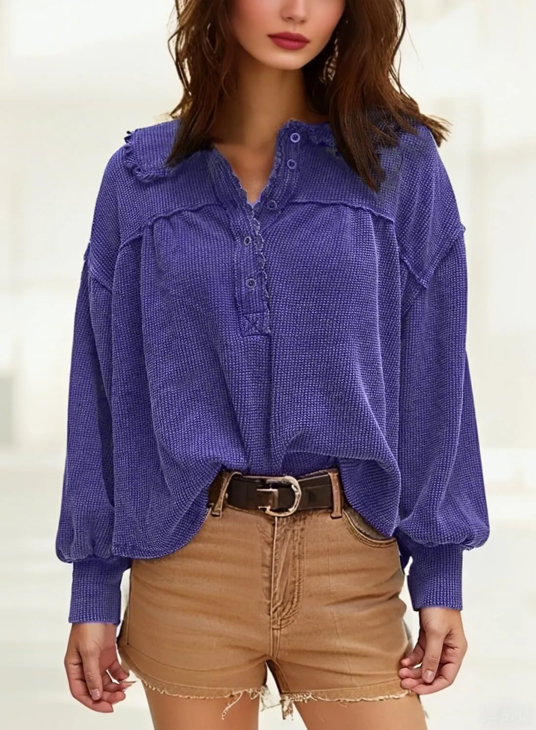 Women's Waffle Knit Tops Collared Solid Color Pullover Long Sleeve V Neck Solid Color Loose Tunic