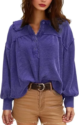 Women's Waffle Knit Tops Collared Solid Color Pullover Long Sleeve V Neck Solid Color Loose Tunic