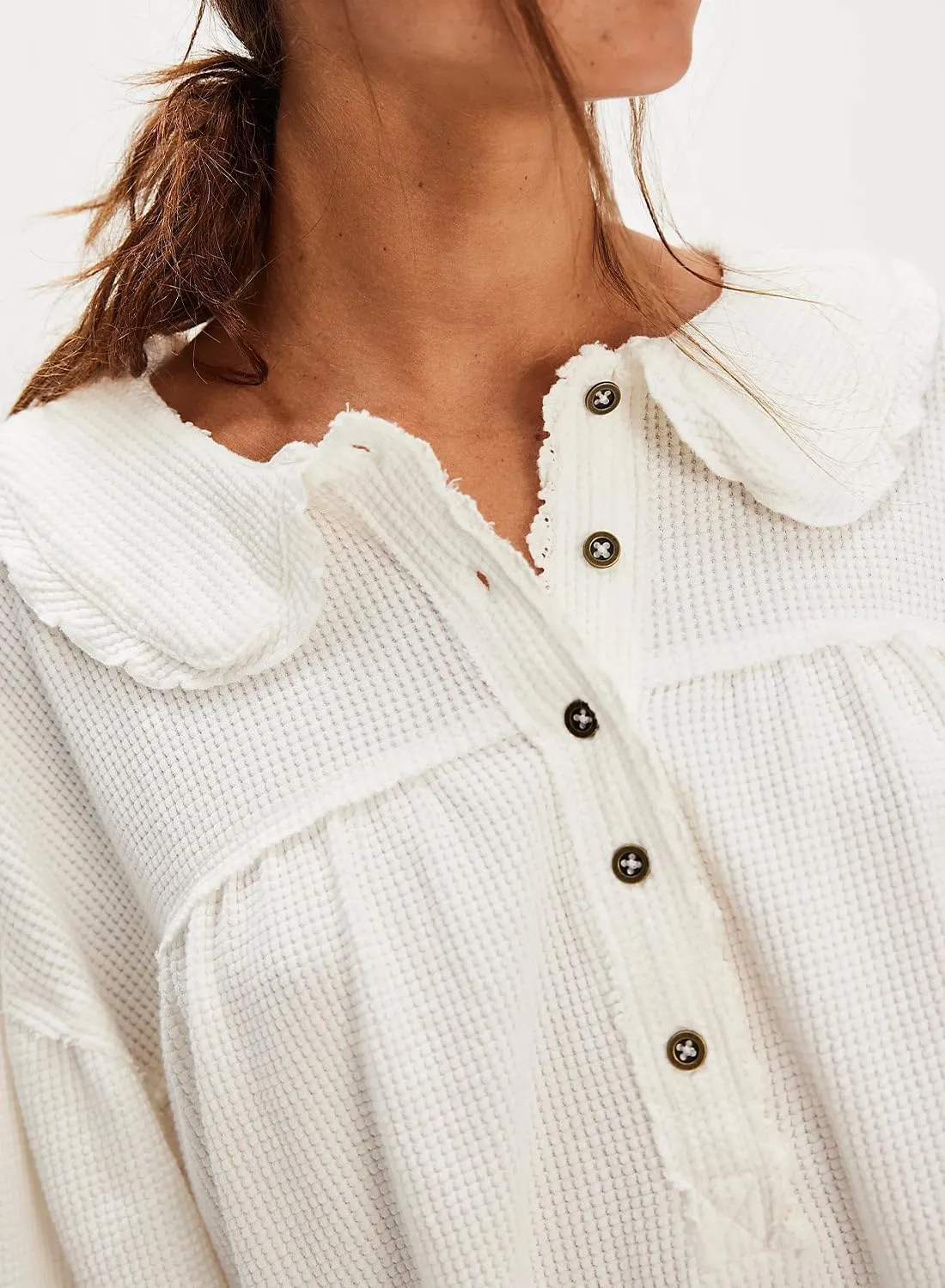 Women's Waffle Knit Tops Collared Solid Color Pullover Long Sleeve V Neck Solid Color Loose Tunic