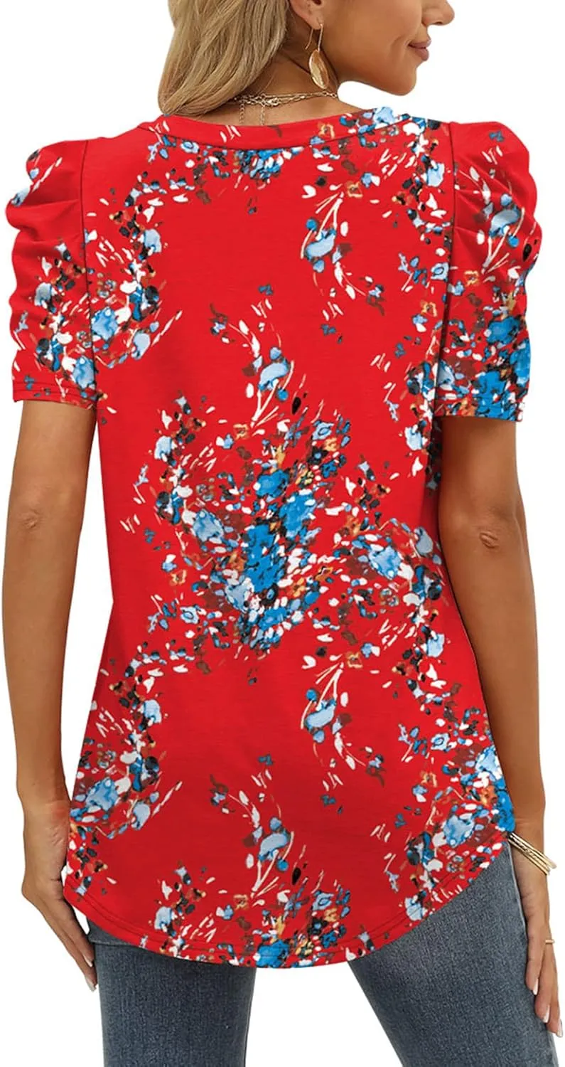 XIEERDUO Womens Summer Shirt V Neck Casual Tshirts Puff Sleeve Tops for Women Solid Color XS-3XL