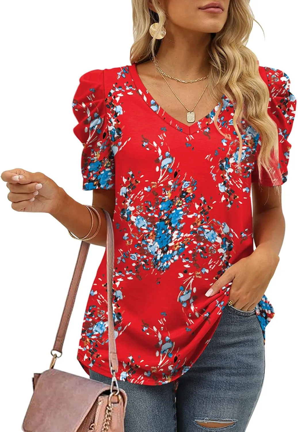 XIEERDUO Womens Summer Shirt V Neck Casual Tshirts Puff Sleeve Tops for Women Solid Color XS-3XL