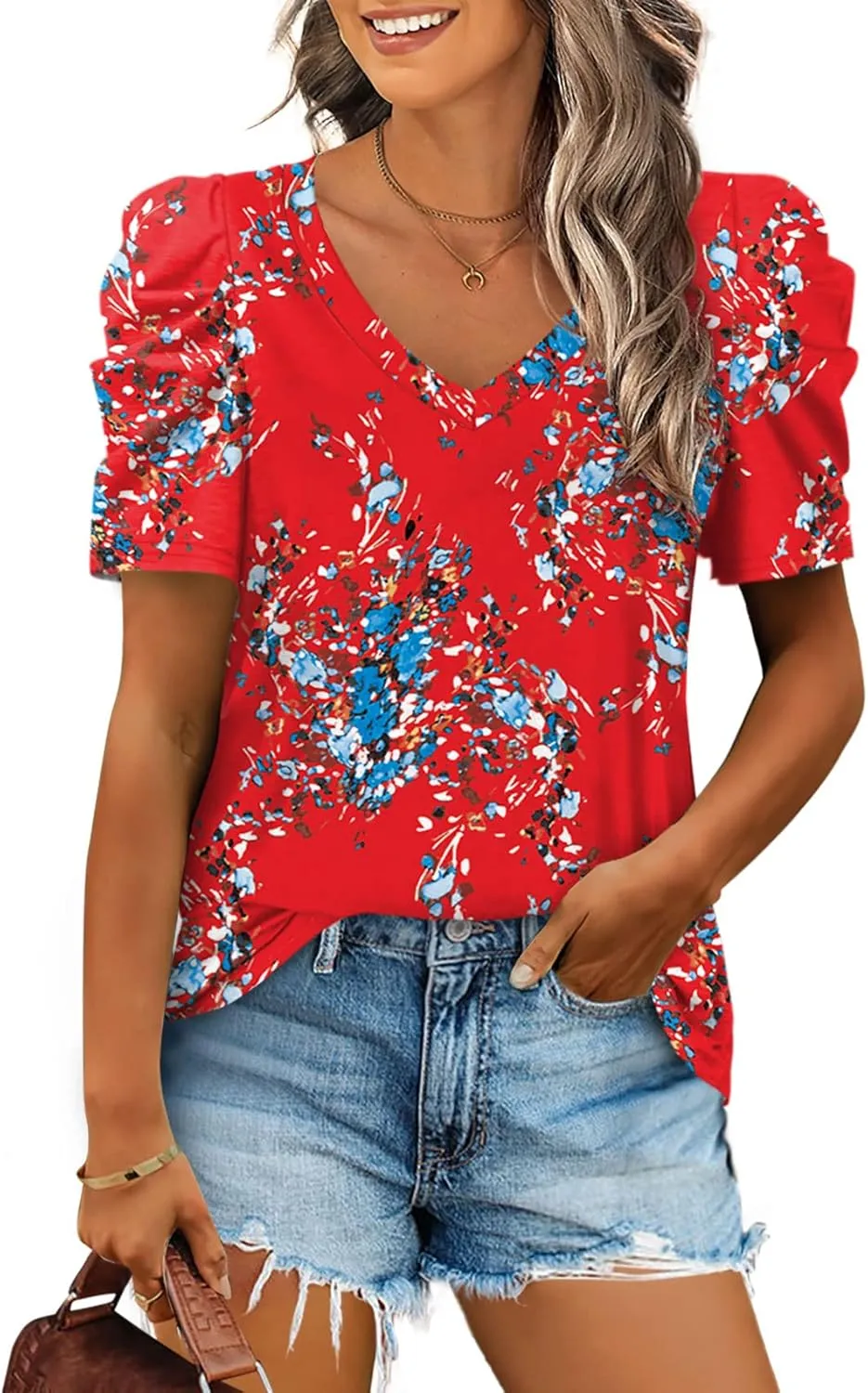 XIEERDUO Womens Summer Shirt V Neck Casual Tshirts Puff Sleeve Tops for Women Solid Color XS-3XL