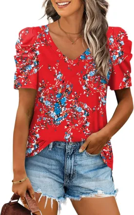 XIEERDUO Womens Summer Shirt V Neck Casual Tshirts Puff Sleeve Tops for Women Solid Color XS-3XL