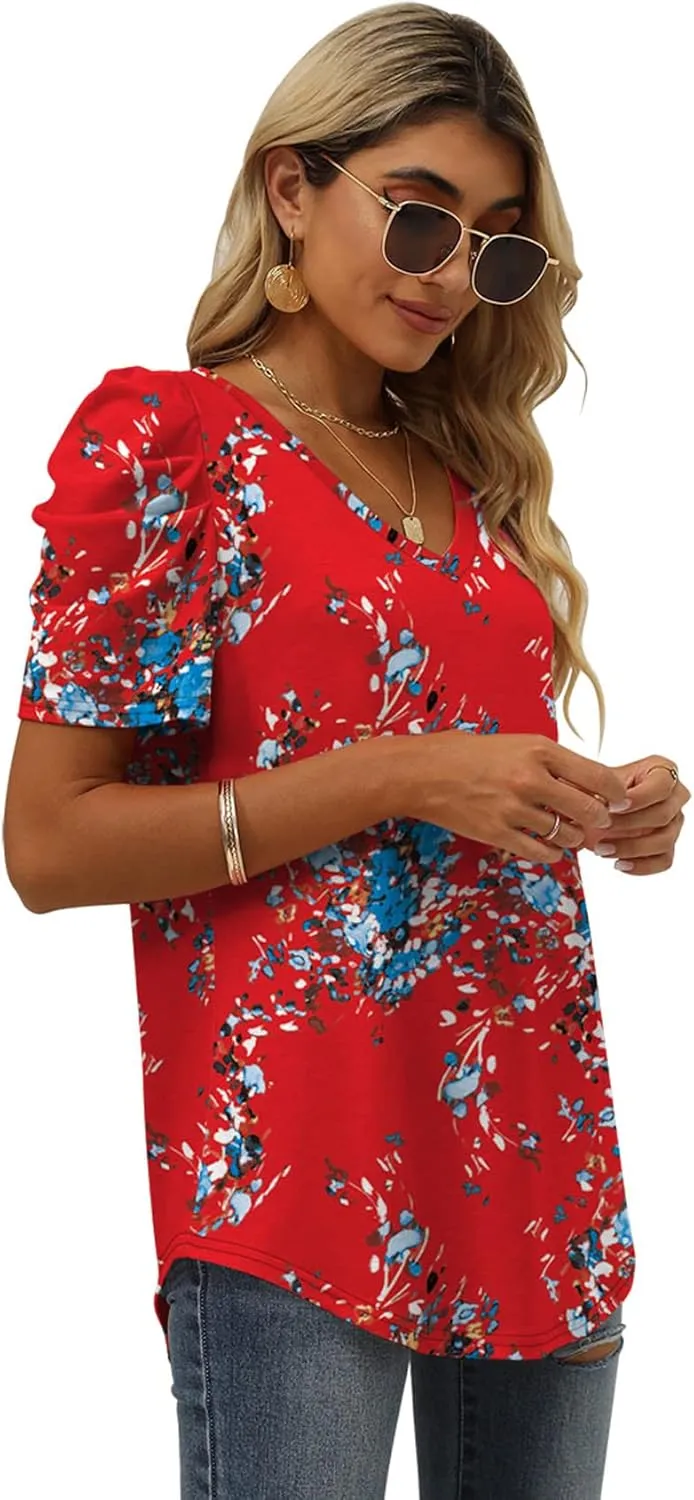 XIEERDUO Womens Summer Shirt V Neck Casual Tshirts Puff Sleeve Tops for Women Solid Color XS-3XL