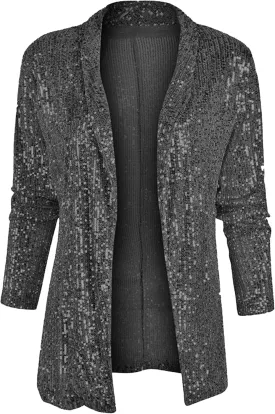 YMING Women's Sequin Open Front Blazer Long Sleeve Sparkly Jacket Casual Solid Color Cardigan Coat Plus Size