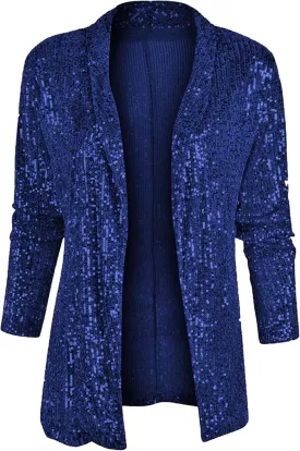 YMING Women's Sequin Open Front Blazer Long Sleeve Sparkly Jacket Casual Solid Color Cardigan Coat Plus Size